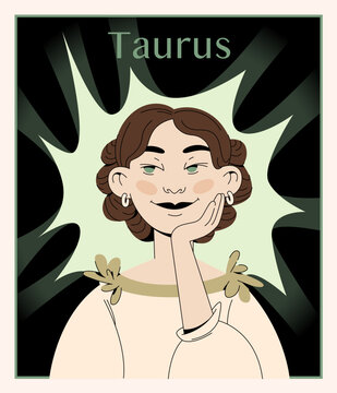 Vector portrait of Taurus zodiac sign as a serene woman with floral details and earthy tones. Ideal for horoscope designs, mystical themes, or zodiac sets.