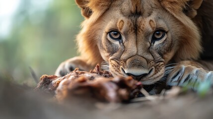 Obraz premium A majestic lion, with piercing eyes, intently observes its prey, showcasing the raw beauty and savage power of nature in a moment of predatory concentration.