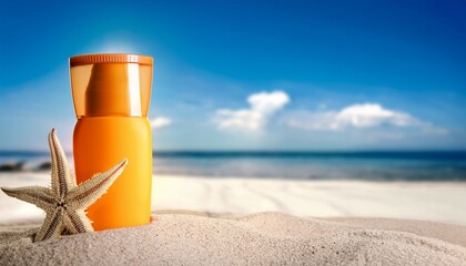 bottle of sunscreen cream with starfish on sand at beach