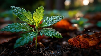 A close-up of a small green plant with water droplets on it and a fallen leaf nearby