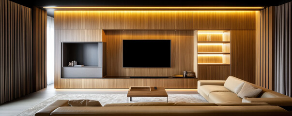 Cozy contemporary living room featuring built in fireplace, warm wood accents, and modern furnishings. space exudes comfort and elegance, perfect for relaxation and entertainment