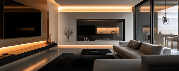 Cozy minimalist living room featuring compact sofa, sleek furniture, and ambient lighting. space exudes modern elegance and tranquility, perfect for relaxation and socializing