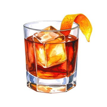 Watercolor illustration of a classic Old Fashioned cocktail. Cocktail drink watercolor illustration on transparent background.
