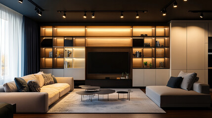 Cozy yet luxurious living room featuring modern design with warm wood accents, stylish furniture, and ambient lighting creating welcoming atmosphere