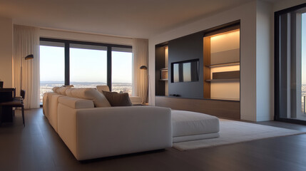 Cozy yet modern clean living room with warm wood textures, large windows, and stunning view. space features comfortable sofa, minimalist decor, and soft lighting, creating welcoming atmosphere