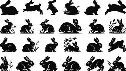 Obraz premium Cute rabbit silhouette vector collection in various poses and actions including sitting, jumping, and eating with plant elements