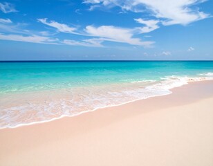 Tropical beach landscape with pink sand and turquoise water. Scenic coastal view of a tropical beach with soft pink sand and calm turquoise waves, perfect for travel and nature lovers.