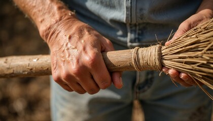 Fototapeta premium Farmer holding handmade broom with calloused hands in field 