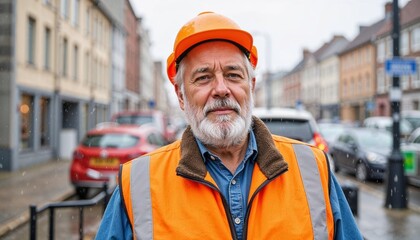 Elderly man in safety vest and hard hat standing on city street  