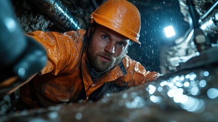 A determined worker navigates a damp underground tunnel, showcasing the challenges faced in construction and mining environments with focus and resilience amid tough conditions.
