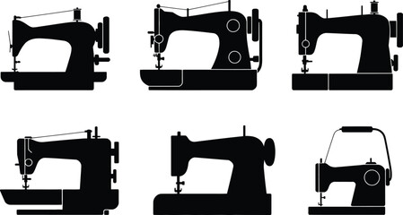 Sewing machine silhouette vector set, collection of vintage and modern sewing machine icon in black isolated style