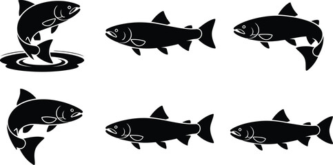 Salmon fish silhouette vector set, collection of jumping and swimming salmon icon in black isolated style