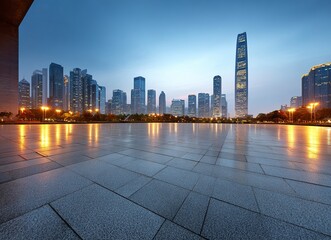 Empty square floor and city skyline with modern architecture at twilight, symbolizing urban development in Shenzhen's high-tech district. Low-angle view of empty square floor and city skyline.