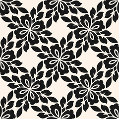 Fototapeta premium Elegant geometric floral ornament. Abstract seamless pattern in oriental style with flower silhouettes, leaves, foliage, tiles. Vector black and white background. Repeated design for textile, decor