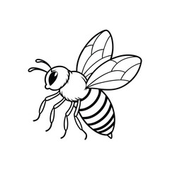 Detailed Black and White Illustration of a Striped Honeybee in Flight with Delicate Wings and Antennae