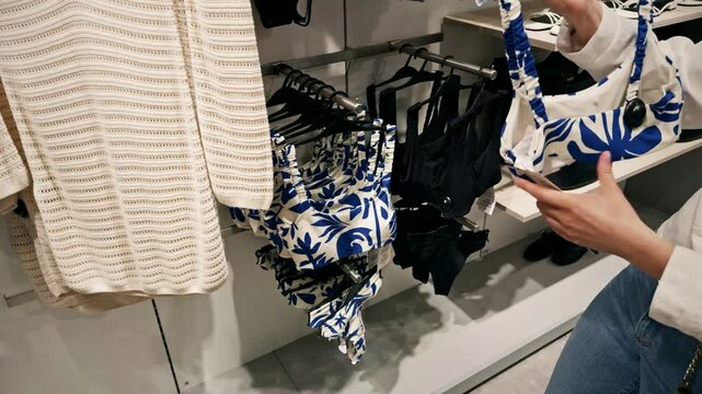 Customer Choosing Swimsuit In Clothing Store. Person Checking Price Tag In Boutique. Summer Beachwear Shopping 