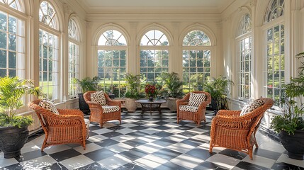 Fototapeta premium Elegant Sunroom with Wicker Furniture and Flowing White Drapes Surrounded by Nature