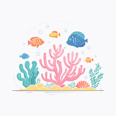 Undersea scene 5 fish swim by coral and plants on the ocean floor with bubbles circling above