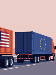 Freight containers with united states and european union flags representing international trade and commerce 