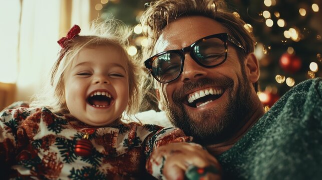 A joyful father and daughter share a delightful moment together, filled with laughter and happiness, captured beautifully against a festive backdrop of holiday lights.