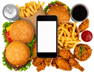 Scattered Fast Food Items on Table with Phone Ordering Screen, isolated on transparent background.