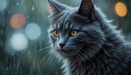 Dark color Cat Stares Intensely on bokeh Rain background