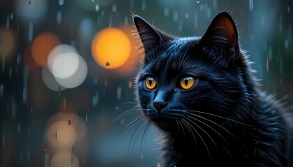 Dark color Cat Stares Intensely on bokeh Rain background