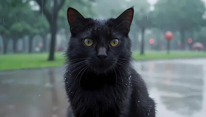 Dark color Cat Stares Intensely on bokeh Rain background