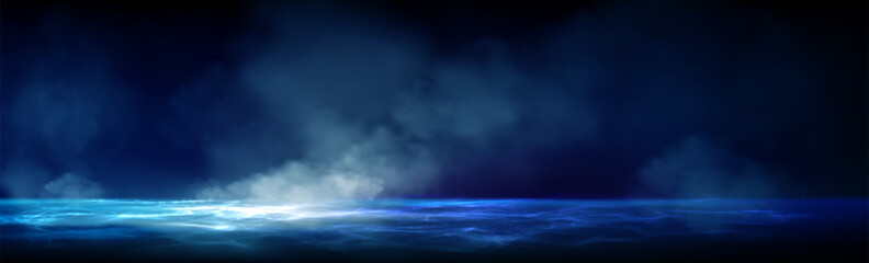 Obraz premium Atmospheric smoke fog over water scene. Realistic mystical mist rising from dark ocean surface with dramatic lighting effects for fantasy landscapes, mysterious ambiance background or stage design.