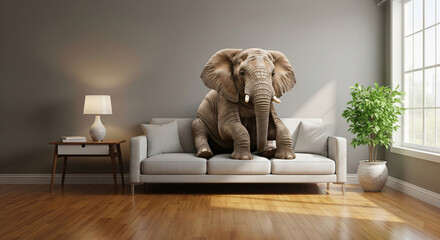 Elephant sitting on light gray sofa in modern living room, showcasing unusual home decor concept, creating unexpected and humorous mood