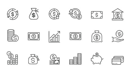 Collection of line art icons representing financial concepts and monetary transactions and growth symbols
