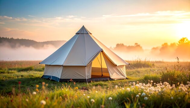 Bell Tent Camping in Misty Meadow at Golden Light