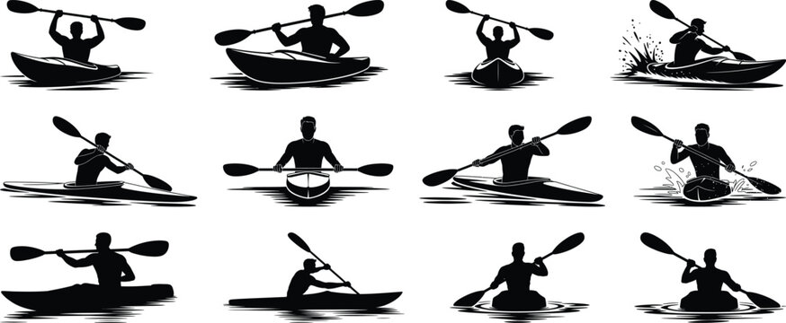 Kayak man silhouette vector set, collection of kayaking man in various paddling pose icon in black isolated style