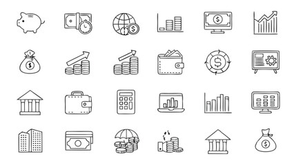 Illustration of various financial icons including money, charts, buildings, and banking elements shown here