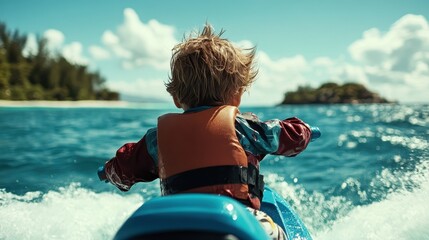 Fototapeta premium A joyful child rides a blue jet ski across the sparkling water, embodying the thrill of adventure and the joy of childhood in a picturesque coastal setting under a sunny sky.