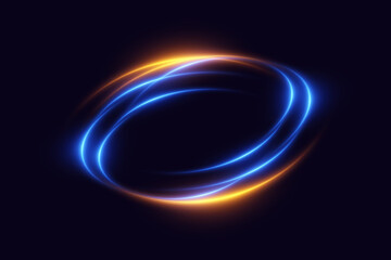 Glowing swirl of orange and blue neon light trails on dark background