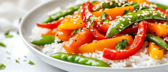 Colorful Bell Peppers and Snow Peas over White Rice Garnished with Sesame Seeds