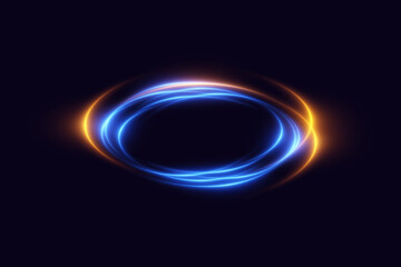 Glowing swirl of orange and blue neon light trails on dark background