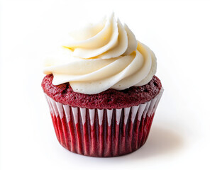 Red velvet cupcake with a generous swirl of cream cheese frosting, isolated on a white background, offers a sweet and tempting treat
