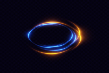Glowing swirl of orange and blue neon light trails on dark background