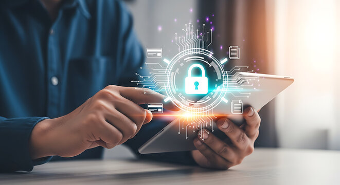Person using tablet with digital security lock icon showcasing cyber protection and data privacy.