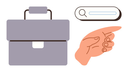 Briefcase, hand pointing at search bar suggesting employment search, task management, or navigation. Ideal for business, career, recruitment, technology, guidance research simple flat metaphor