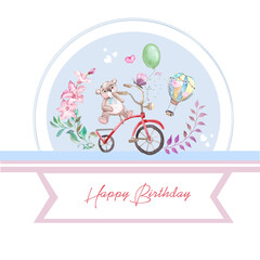 greeting card with a funny baby bear and balloons