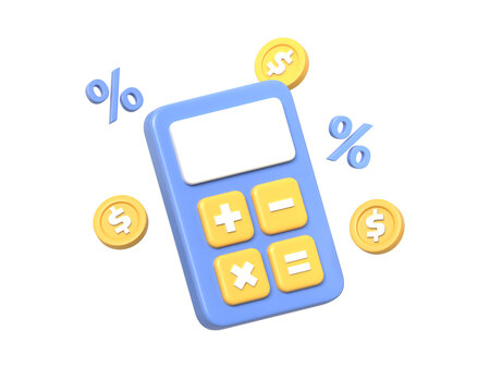 3D illustration of a blue calculator surrounded by percentage symbols and gold coins, symbolizing percentage-based financial analysis.3d render icon in cartoon style