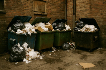 overflowing dumpsters at the back of the restaurant