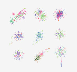 Fireworks with stars, sparks and firecracker drawing in multicolored on white background