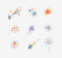 Fireworks with stars, sparks and firecracker drawing in multicolored on light background