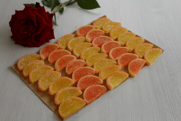 gummy candies, or gummy slices or very tasty colored citrus gummy candies - made from natural...