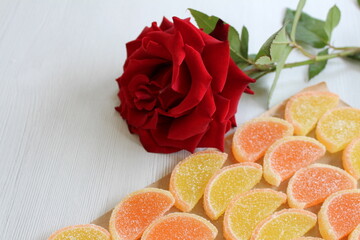 gummy candies, or gummy slices or very tasty colored citrus gummy candies - made from natural...