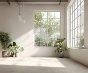 Fototapeta premium Modern interior, white walls, large window with light and plants on the right side of the room, light beige concrete floor, soft lighting from hanging lamps, minimalist design, bright daylight. 
